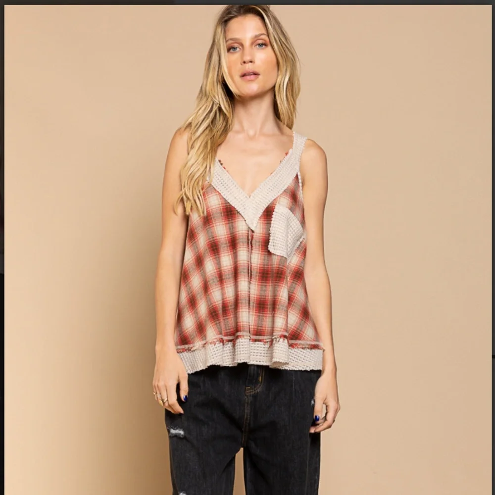 POL PLAID TANK TOP WAFFLE KNIT TRIM V NECK LOW BACK SWING TANK SUMMER TOP BR34 - Picture 5 of 5